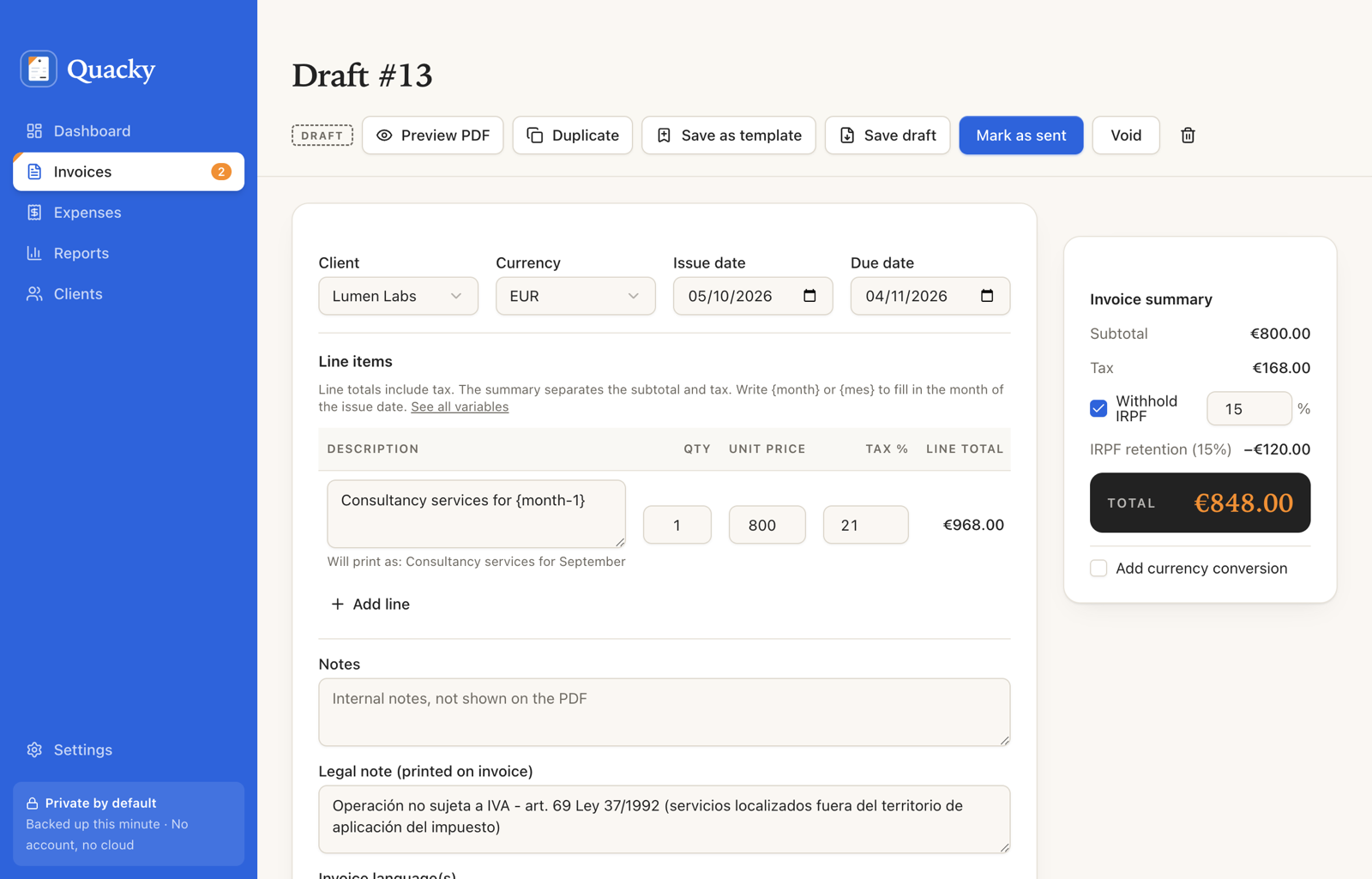 Quacky invoice editor with client details, line items and totals next to a preview of the invoice