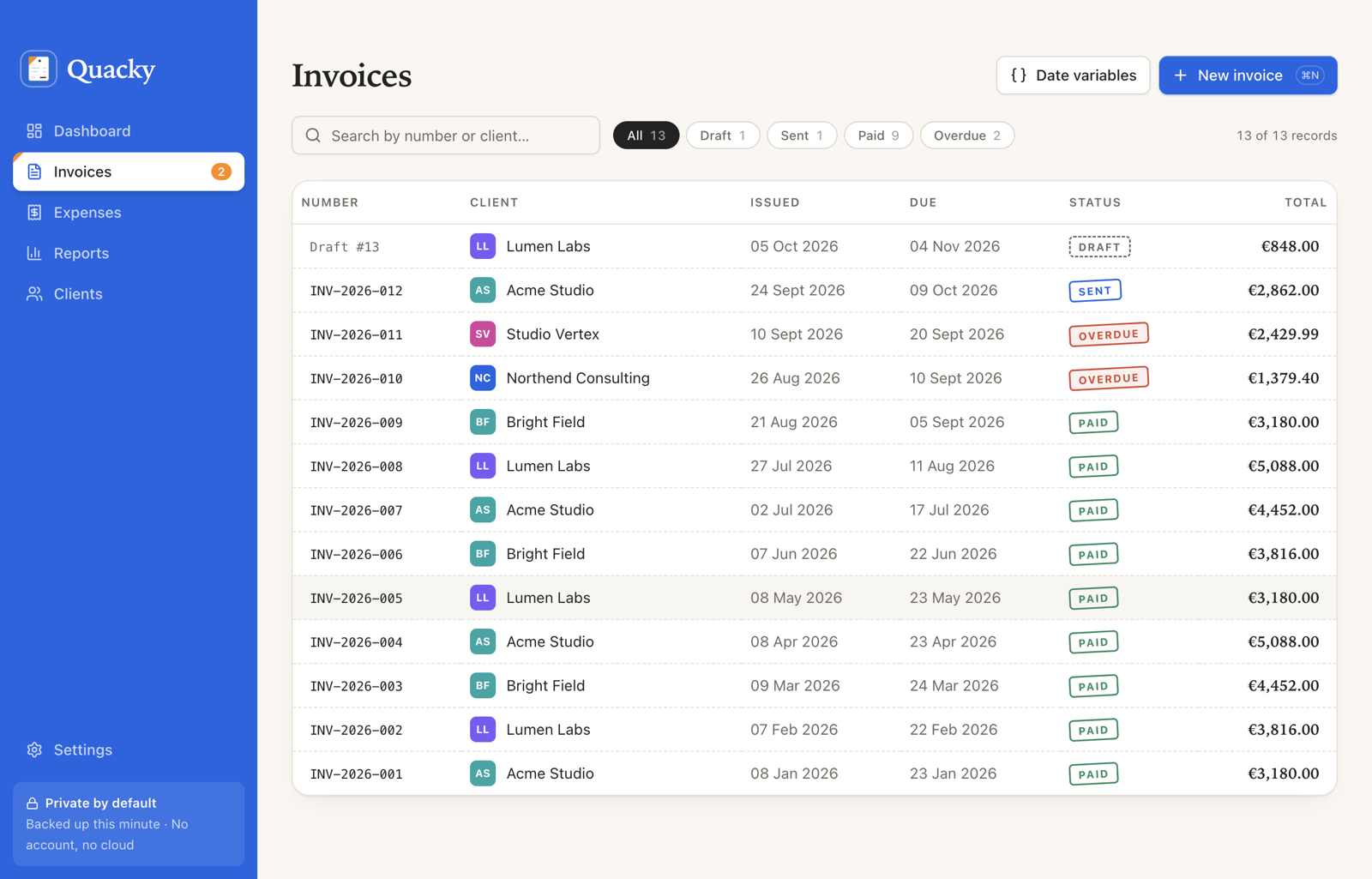Quacky invoice list with draft, sent, overdue and paid statuses next to a preview of the selected invoice